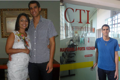 Fabrício em dois momentos: com a esposa, no dia do casamento, e meses depois de receber alta do HJK